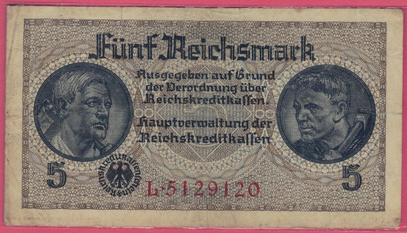 德国1940年至1945年5马克 P-R138a 七位号码版 无47 实物图 八五品