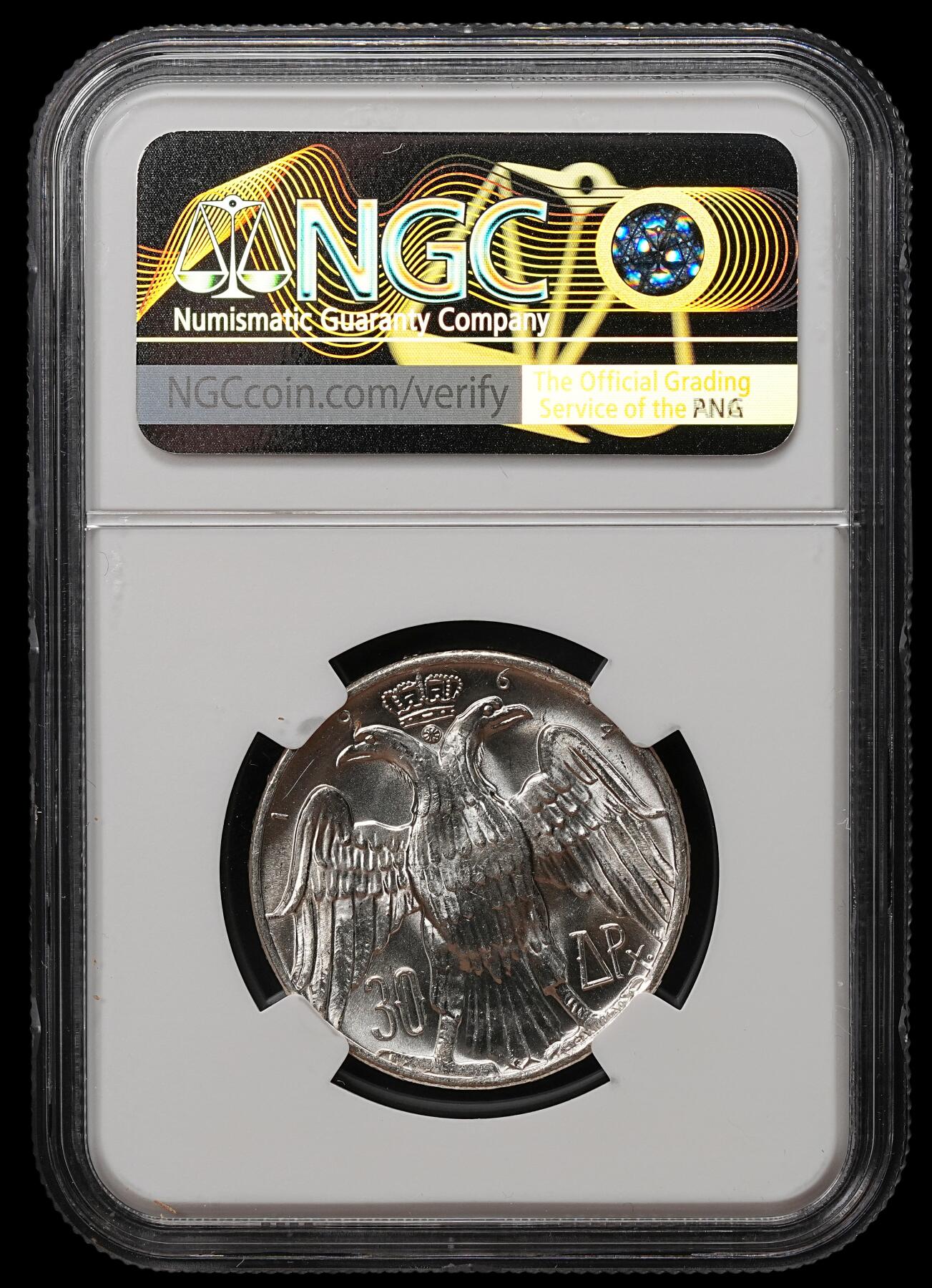 修遠堂世界钱币第105期，马年首拍 NGC MS64 1964年希腊国王康斯坦丁二世与王后安妮 - 玛丽（丹麦公主）结婚纪念30德拉克马银币，12g，含银83.5%