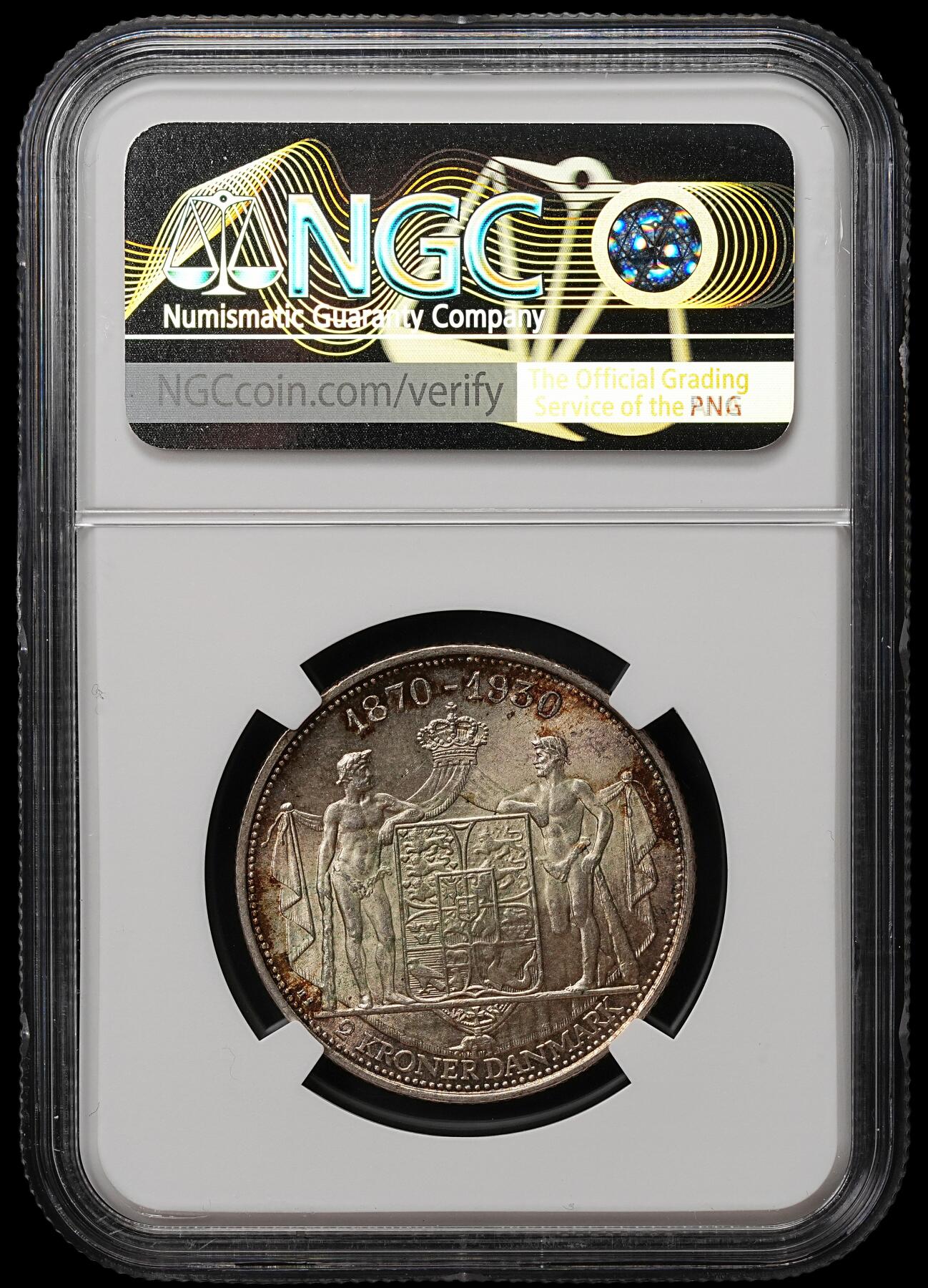 修遠堂世界钱币第105期，马年首拍 NGC MS64 1930年丹麦国王60大寿纪念2克朗银币 15g，含银80%