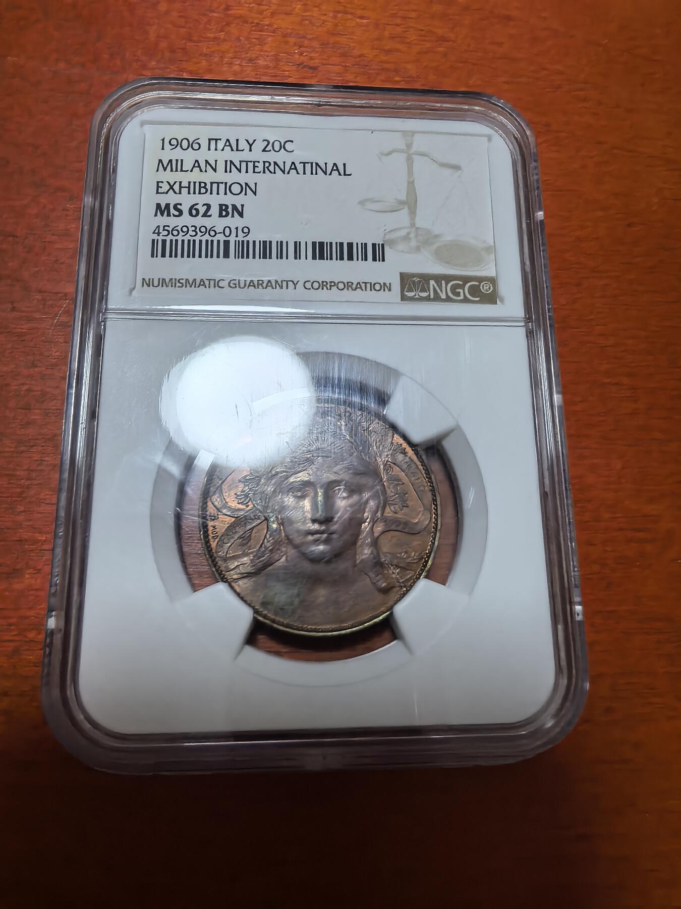 长老汇蛇年精选第一百场拍卖 1906意大利米兰国际展览会女神密涅瓦20分铜样币，NGC MS62BN，更高8枚，书价高，实物非常漂亮