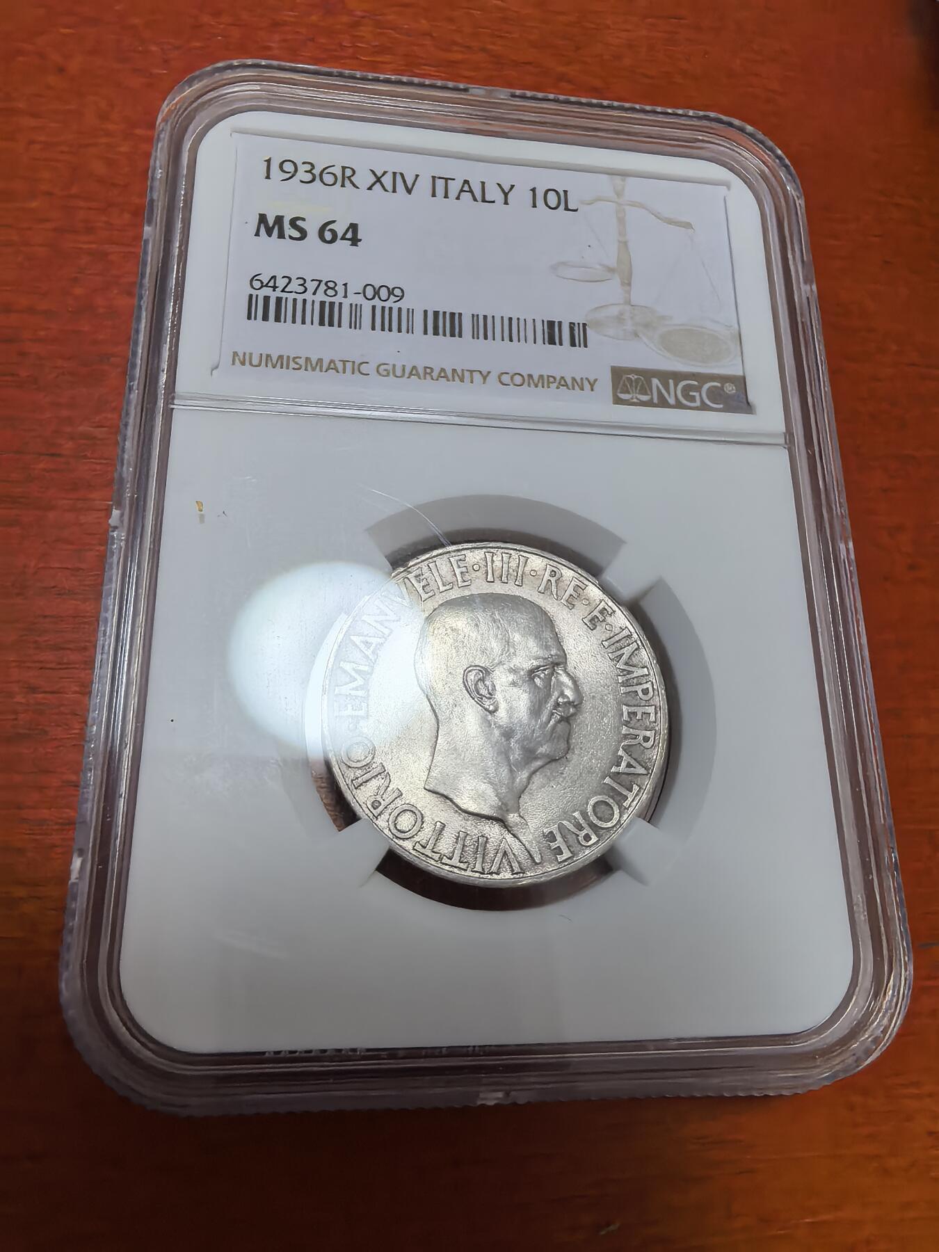 长老汇蛇年精选第一百场拍卖 1936年意大利伊曼纽尔三世10里拉银币，NGC MS64分，季军分，NGC官网60分255美金