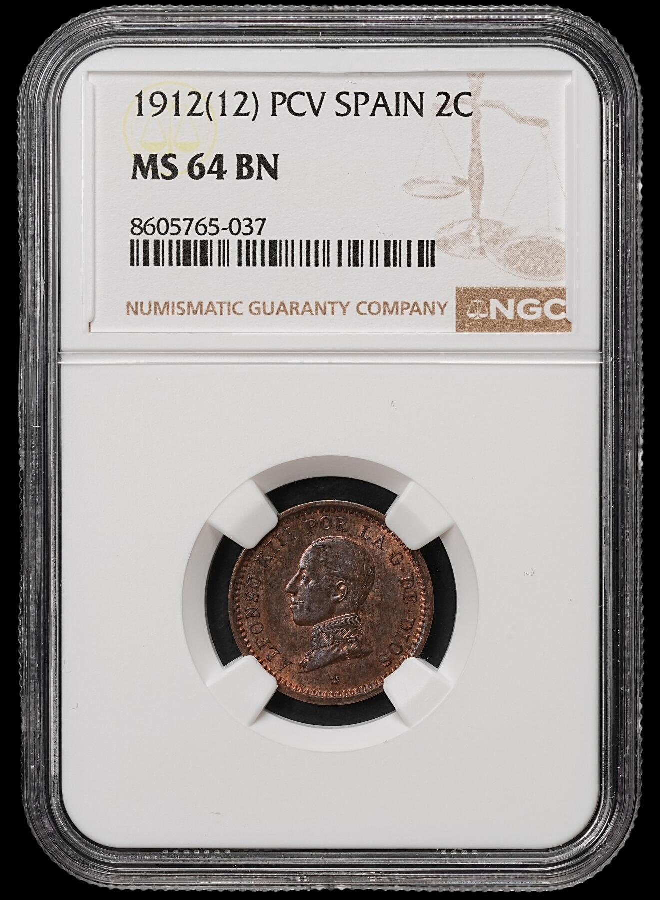 修遠堂世界钱币第105期，马年首拍 NGC MS64BN 1912年西班牙2分铜币