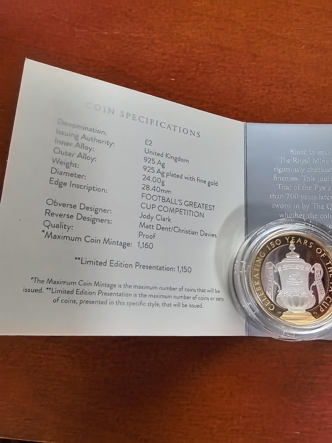 长老汇蛇年精选第一百场拍卖 2022英国足总杯2英镑镀金加厚精制双色银币，24克925银，盒证全，1150枚