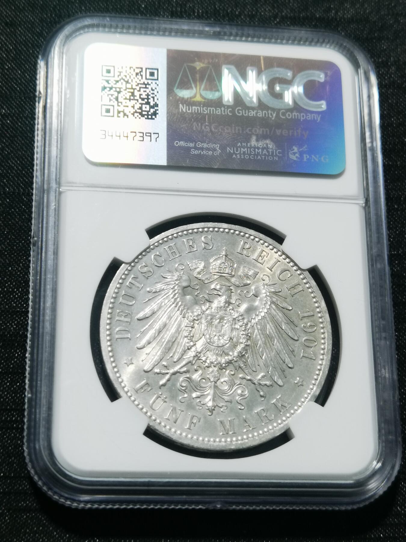 天下钱庄专场欢迎参拍 NGC UNC德国普鲁士建国200周年5马克银币