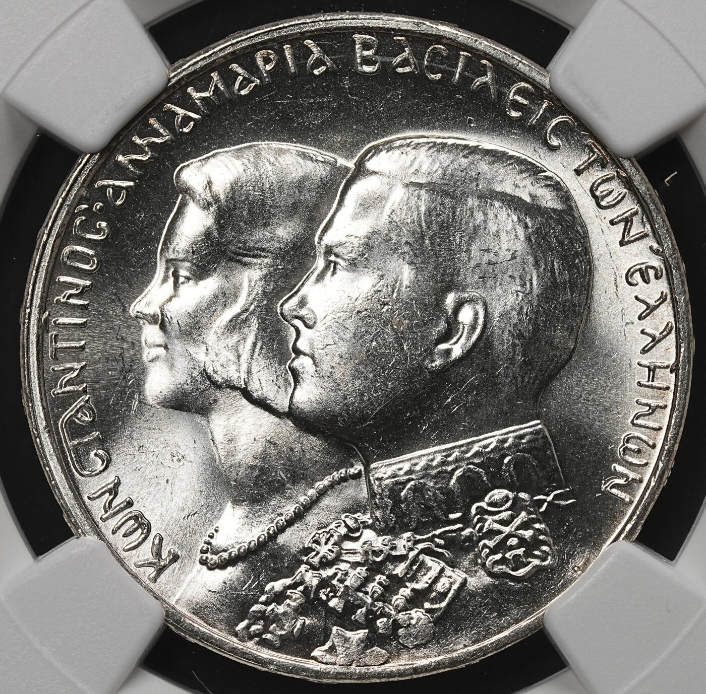 修遠堂世界钱币第105期，马年首拍 NGC MS64 1964年希腊国王康斯坦丁二世与王后安妮 - 玛丽（丹麦公主）结婚纪念30德拉克马银币，12g，含银83.5%