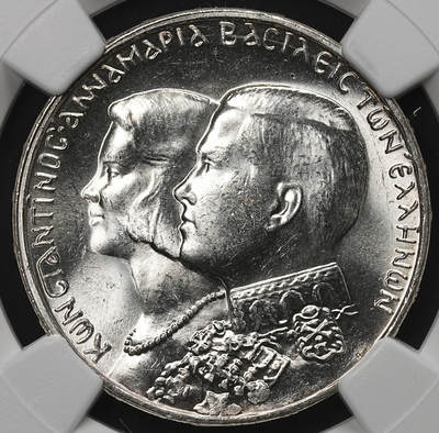 修遠堂世界钱币第105期，马年首拍 - NGC MS64 1964年希腊国王康斯坦丁二世与王后安妮 - 玛丽（丹麦公主）结婚纪念30德拉克马银币，12g，含银83.5%