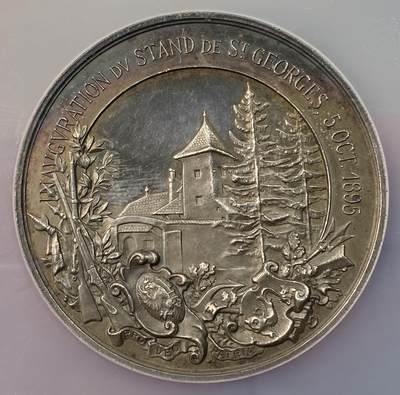 万国钱币拍卖第061期（马年首拍） NGC MS62 1895年瑞士日内瓦圣乔治射击场落成纪念大银章 47MM 46G 仅仅发行210枚的珍稀品种 高浮雕大规格原味五彩极美收藏品质