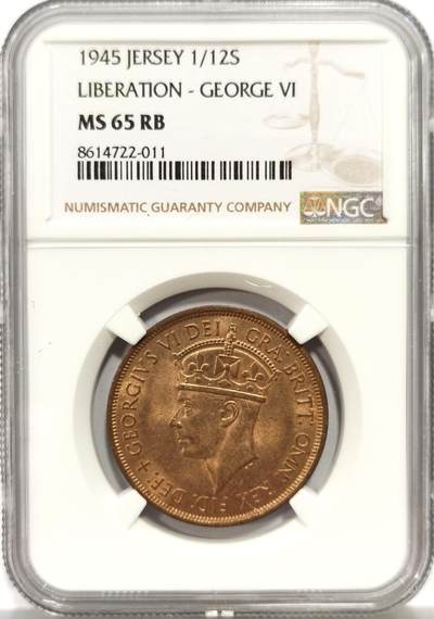 博洋堂蛇年收官专场暨第161期（全场包邮） - NGC MS65RB 英属泽西1945年乔治六世1/12先令铜币，难得铜光高分