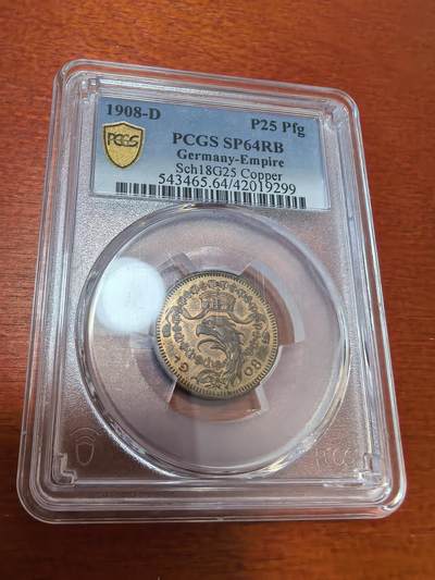 长老汇蛇年精选第一百场拍卖 - 1908德国25芬尼铜样币，PCGS SP64RB，季军，更高3枚，63分2020SB成交价1500元