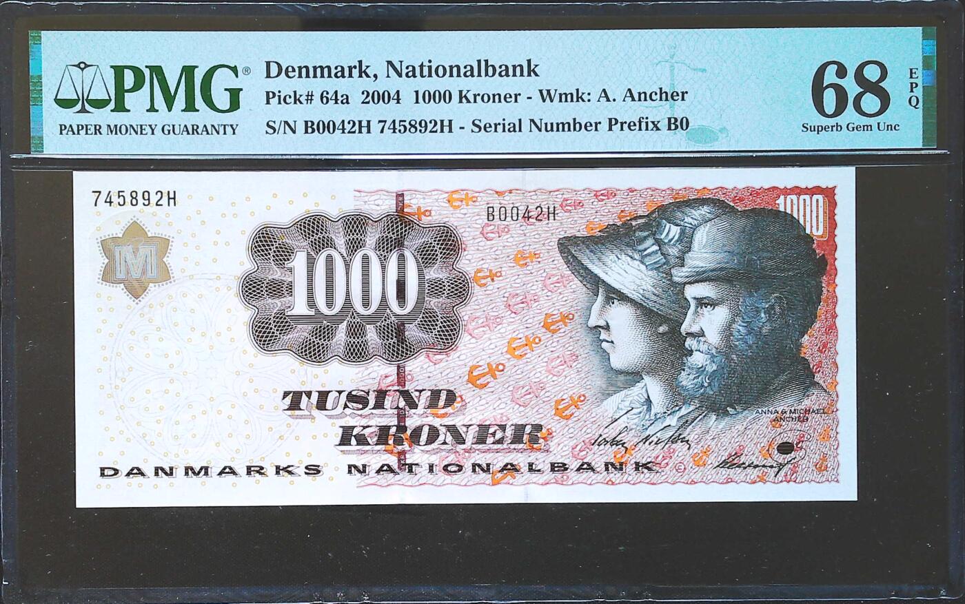 世界靓号纸钞第八十二期 2004年丹麦1000克朗 64a首发年份 PMG68 超高分 亚军分