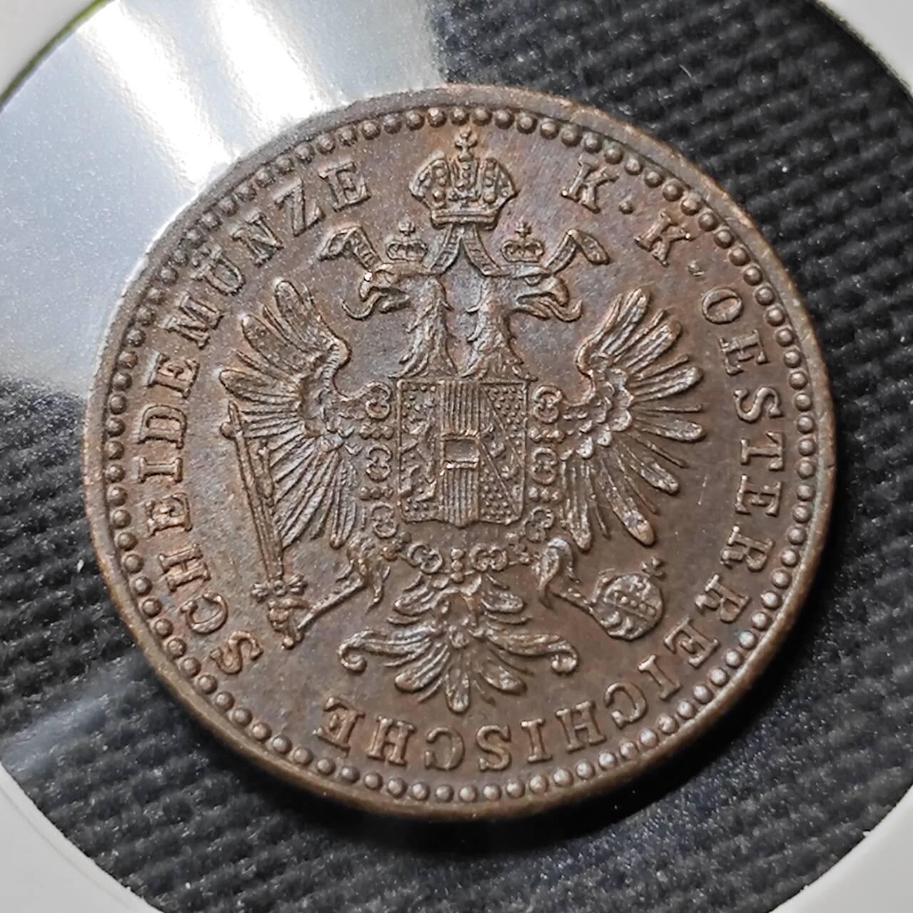 KK钱币收藏小铺  第397期 百期特怕（四拍之一） 2月预留时间 周末发货  1860年奥地利约瑟夫一世双头鹰1克鲁泽铜币 好品