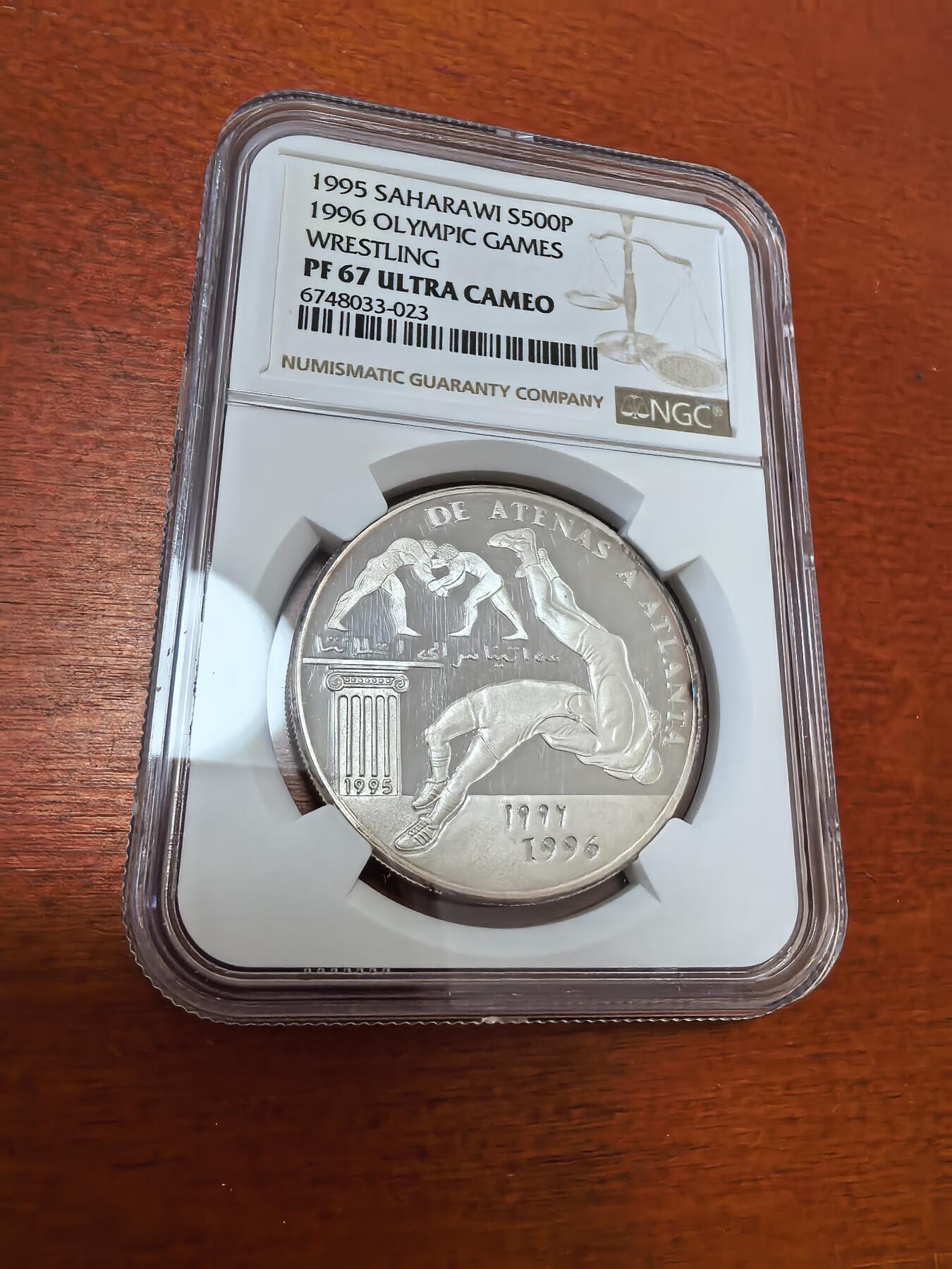 长老汇蛇年精选第一百场拍卖 1995沙哈拉威1996奥运会摔跤500比塞塔精制银币，20克999银，NGC PF67UC， 唯一亚军，更高1枚