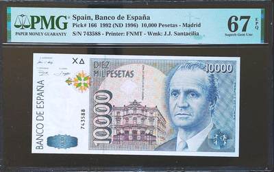 世界靓号纸钞第八十二期 - 1992年西班牙10000比塞塔 末版最大面值 尾88 PMG67