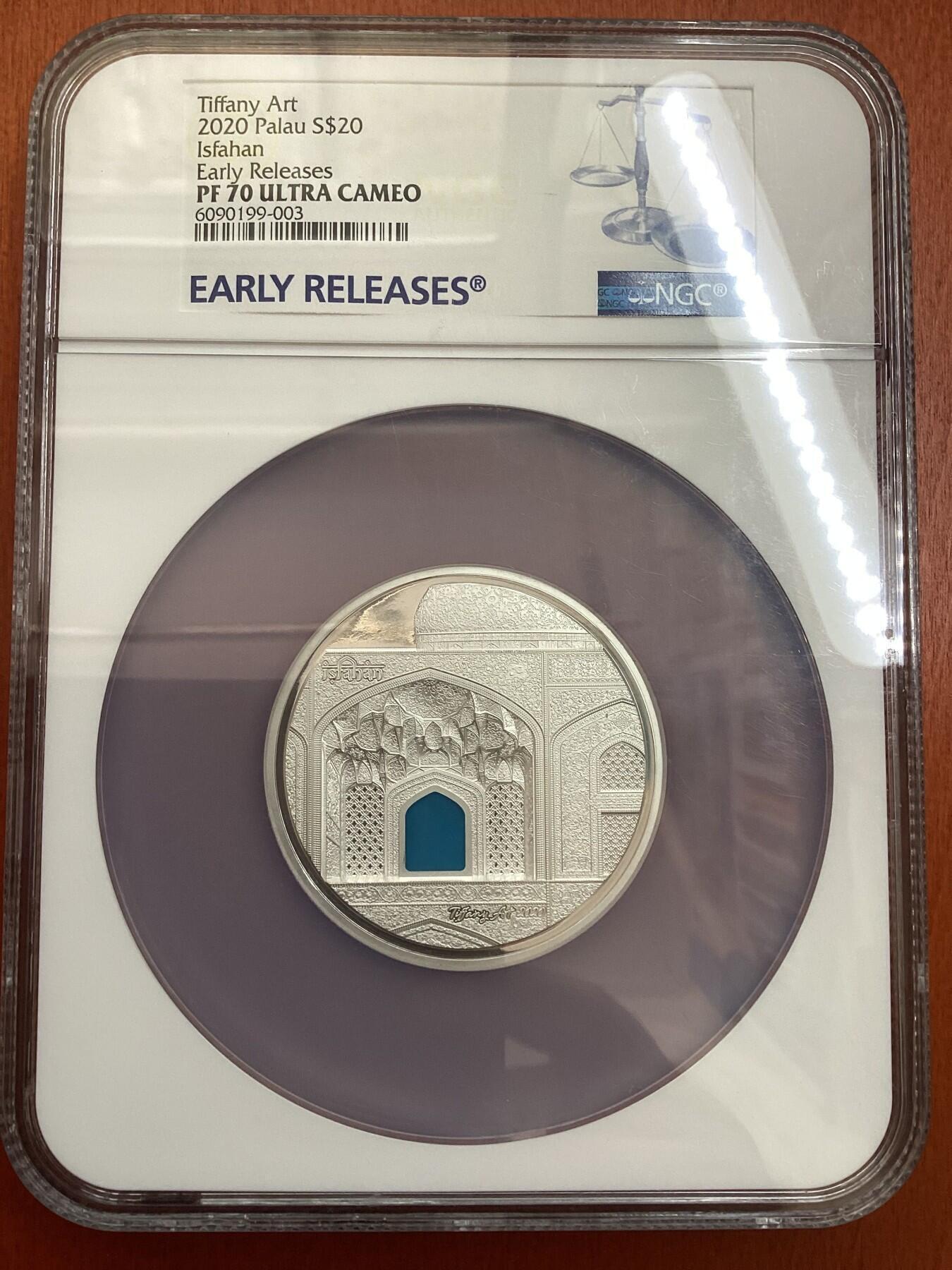长老汇蛇年精选第一百场拍卖 2020 帕劳蒂凡尼艺术伊斯法罕20元精制银币，NGC PF70UC，3盎司999银，发行999枚，首期蓝标大盒