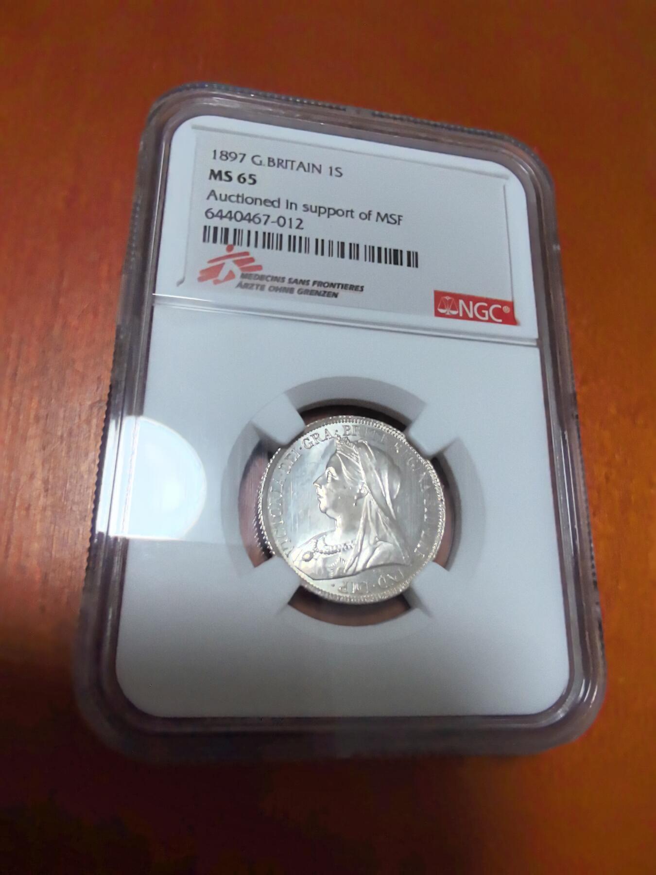 长老汇蛇年精选第一百场拍卖 1897 英国维多利亚1先令银币，NGC MS65分，更高10枚，无国界医生义卖标