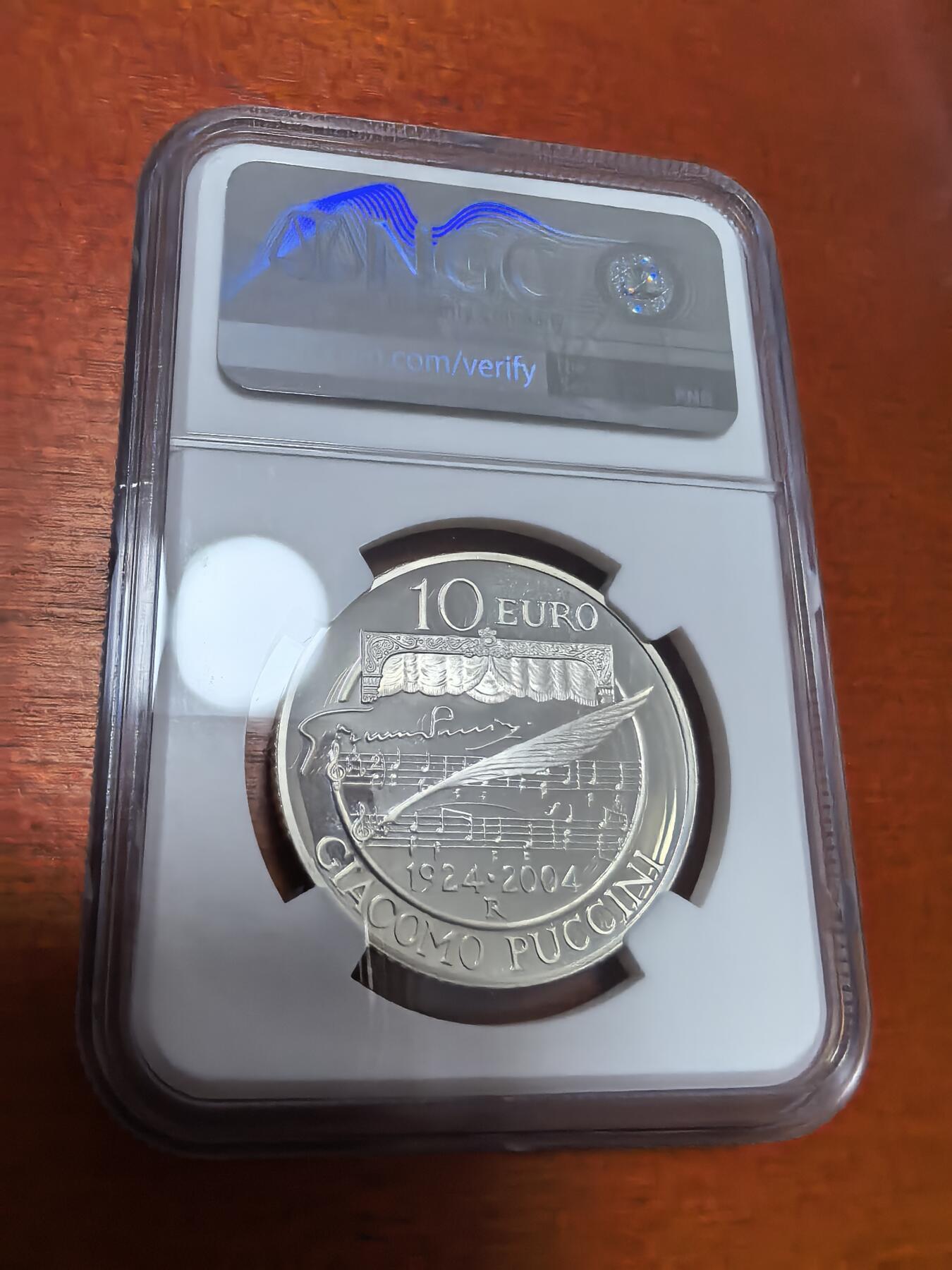 长老汇蛇年精选第一百场拍卖 获奖币！2004意大利作曲家普西尼10欧元精制银币，NGC PF69UC，冠军