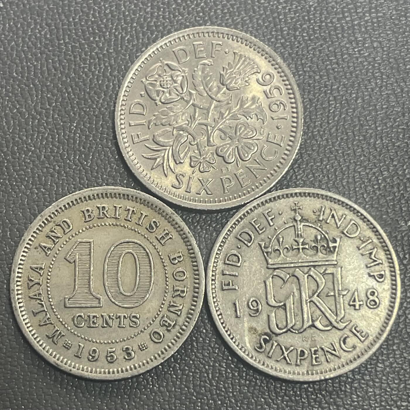 回流0301  1948年英国六便士乔治六世、1956年六便士幸运币、1953年马来亚和英属婆罗洲10分