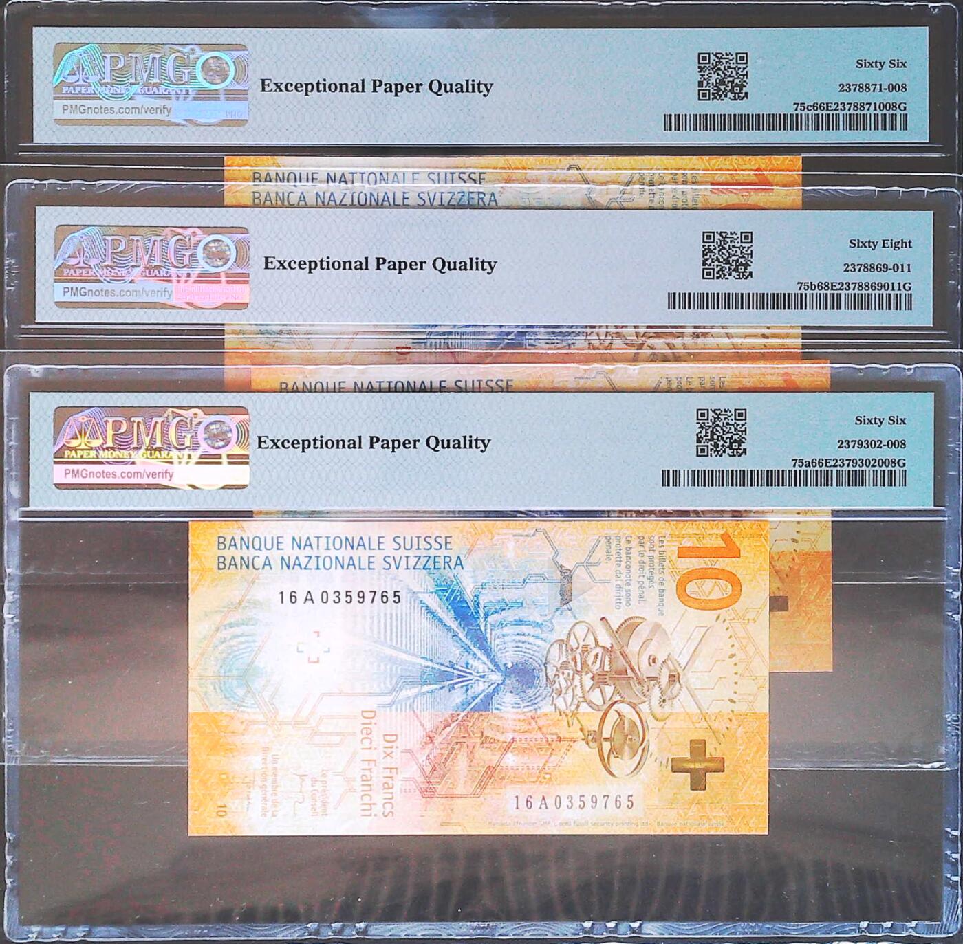 世界靓号纸钞第八十二期 2016年瑞士10法郎 三张同号 其中有一张A冠a签 PMG66-68 2017年IBNS世界最佳纸币