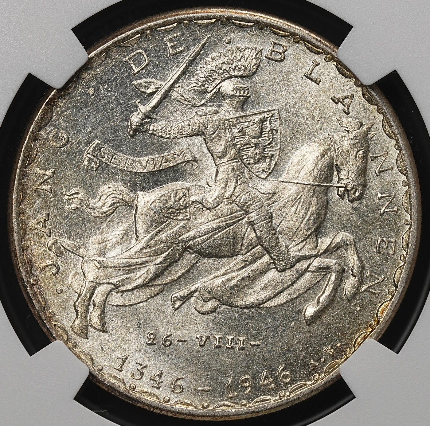 修遠堂世界钱币第105期，马年首拍 NGC MS65 1946年卢森堡伯爵瞎子约翰在克雷西战役中阵亡600周年纪念20法郎银币