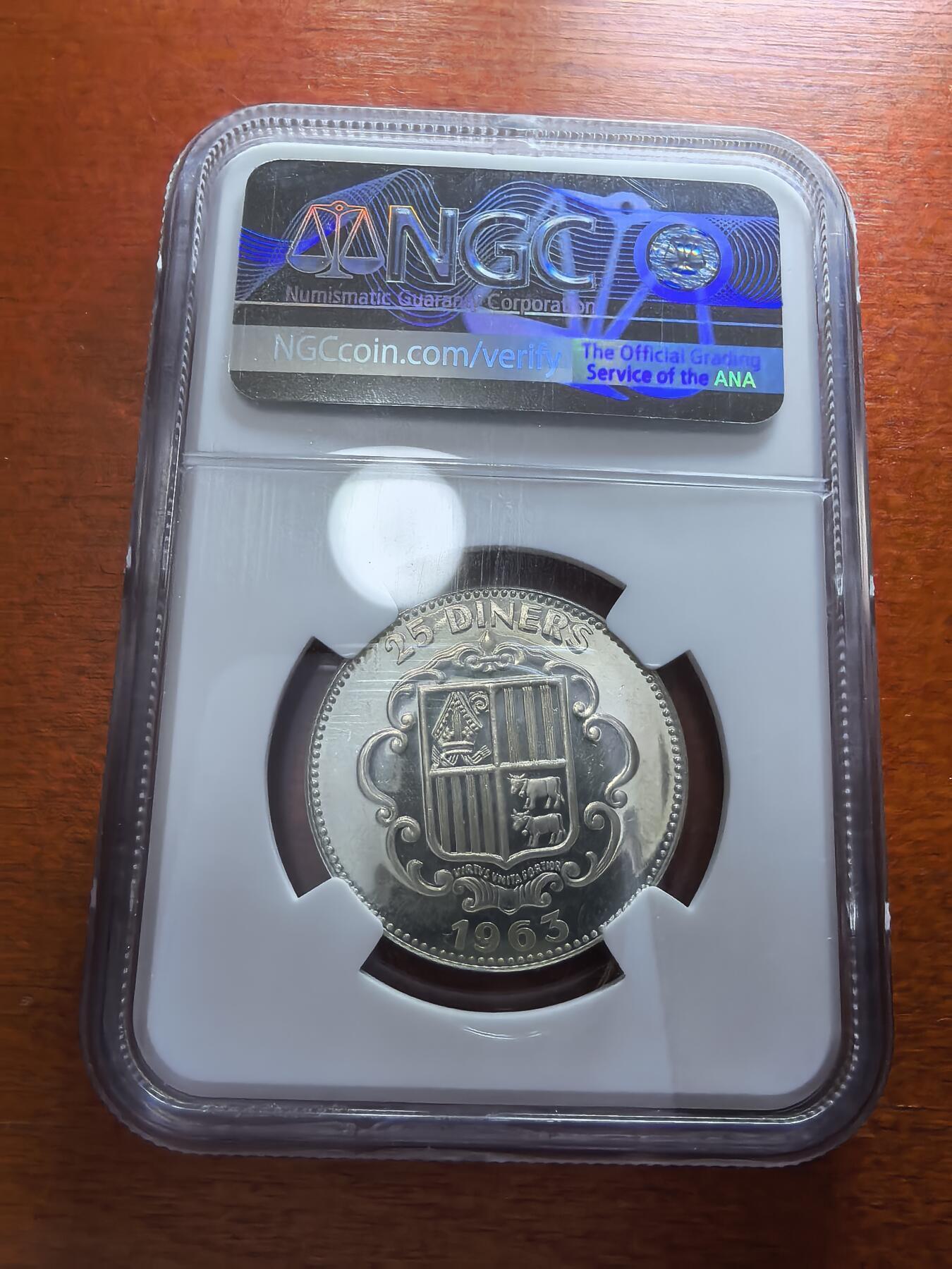 长老汇蛇年精选第一百场拍卖 珍稀币！1963安道尔本洛克主教25第纳尔精制银币，NGC PF64分，唯一亚军，更高1枚，共发行1350枚