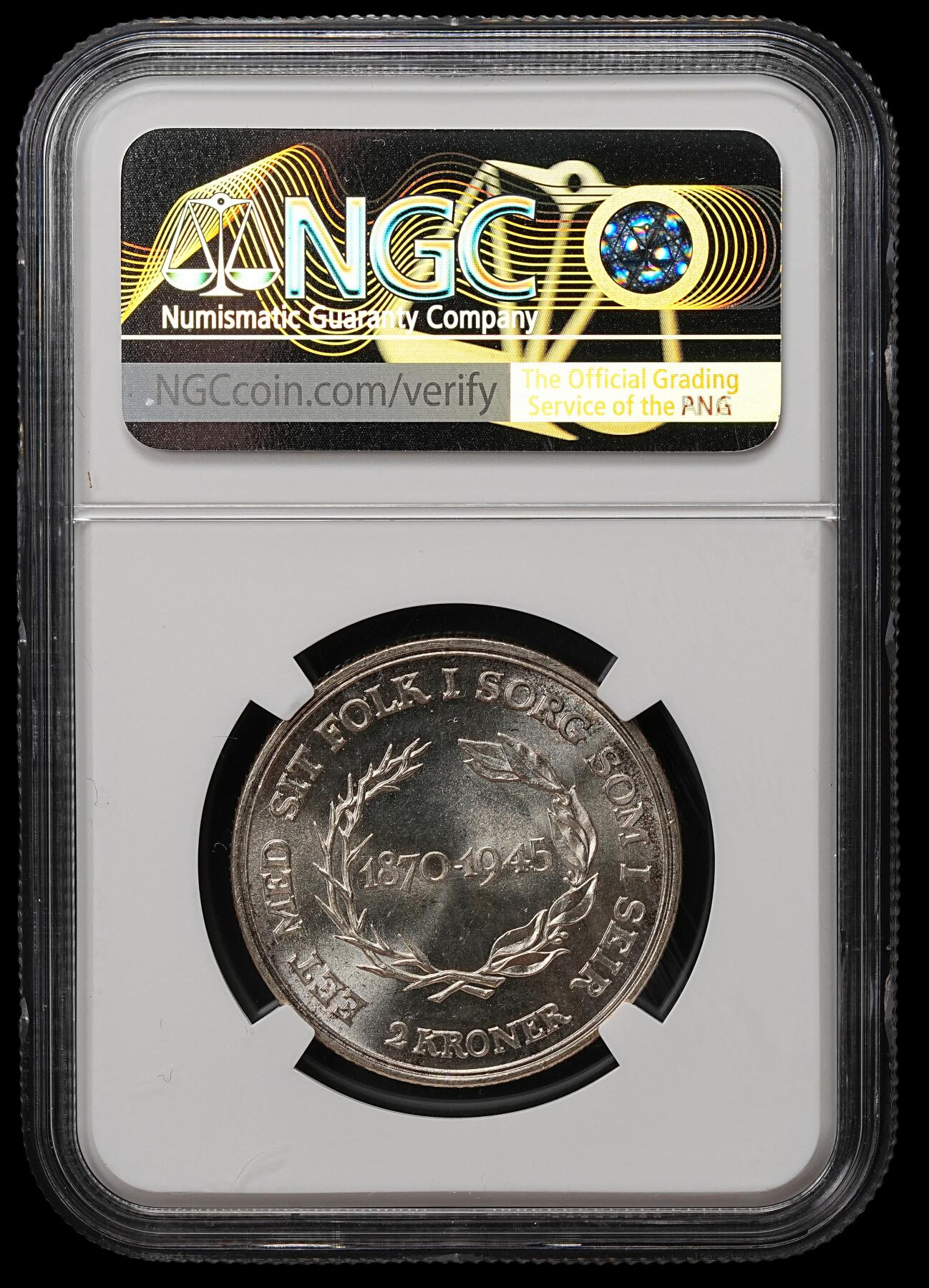 修遠堂世界钱币第105期，马年首拍 NGC MS65 1945年丹麦国王75岁大寿纪念2克朗银币 重15g，含银80%