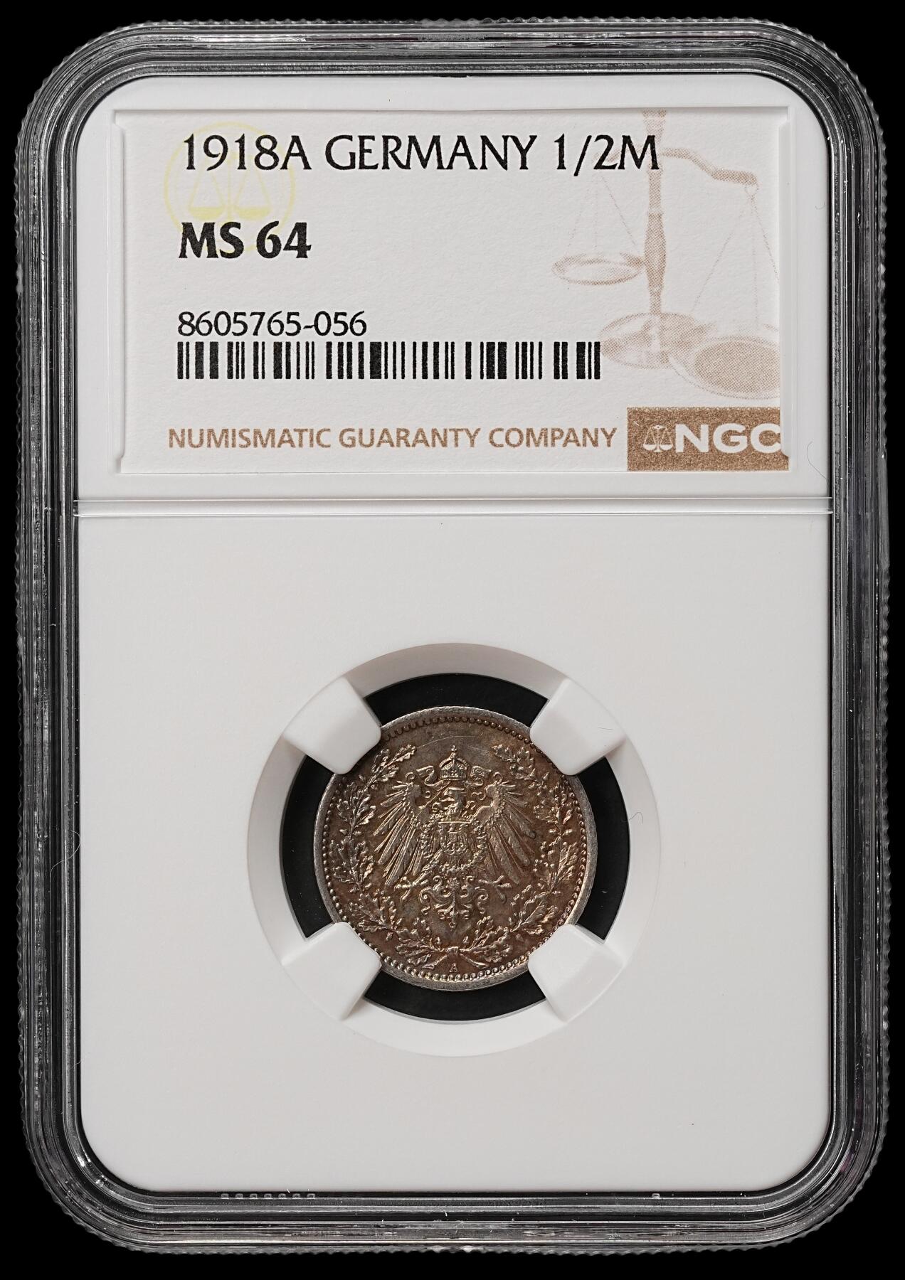 修遠堂世界钱币第105期，马年首拍 NGC MS64 1918年德国1/2马克银币 A厂铭
