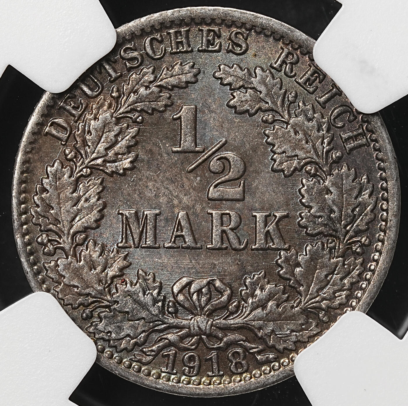 修遠堂世界钱币第105期，马年首拍 NGC MS64 1918年德国1/2马克银币 A厂铭