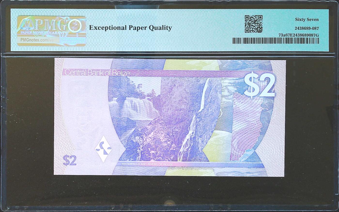 世界靓号纸钞第八十二期 2025年伯利兹2元 首发FA冠 全程无347 豹子号555 PMG67 亚军分