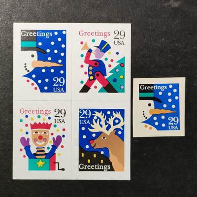 ↓君缘收藏740期☞钱币邮品↓无佣金、可寄存、满30元包邮  - 美国邮票，1993年圣诞节.雪人 套娃 驯鹿 玩具士兵不干胶邮票4全+1