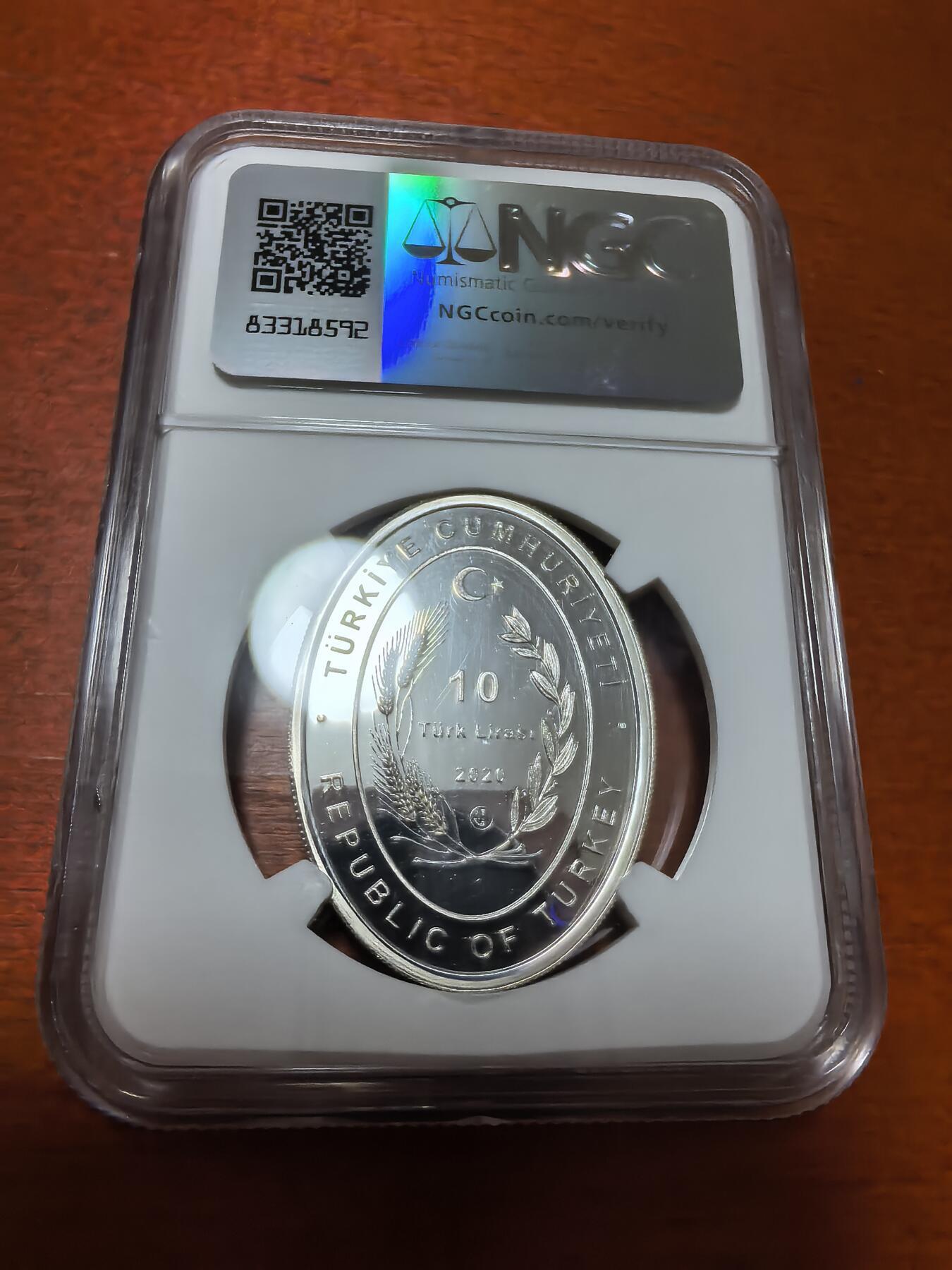 长老汇蛇年精选第一百场拍卖 2020 土耳其钟楼系列之一10里拉椭圆形精制银币，NGC PF67UC，唯一冠军，3000枚