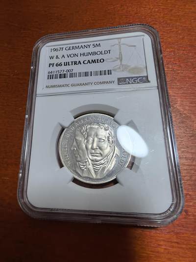长老汇蛇年精选第一百场拍卖 - 1967F 德国洪堡特兄弟5马克精制银币，NGC PF66UC，亚军分，更高4枚，五大天王之一