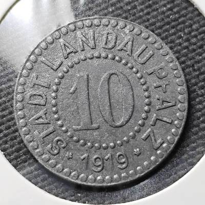 KK钱币收藏小铺  第397期 百期特怕（四拍之一） 2月预留时间 周末发货 -  1919 德紧普法尔茨地区 兰道 10芬尼锌币