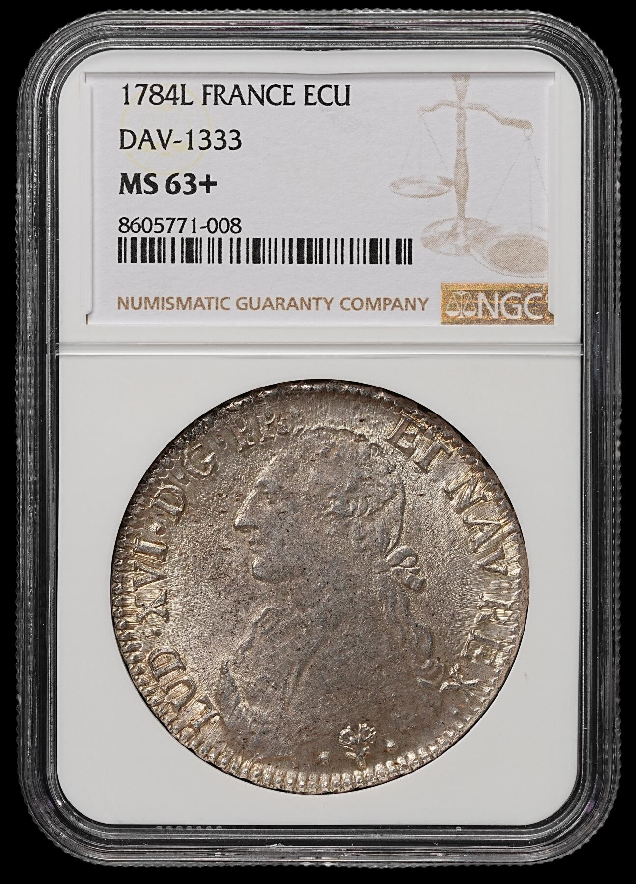 修遠堂世界钱币第105期，马年首拍 NGC MS63+ 1784年法国1埃居大银币，L厂铭，收藏级品相，