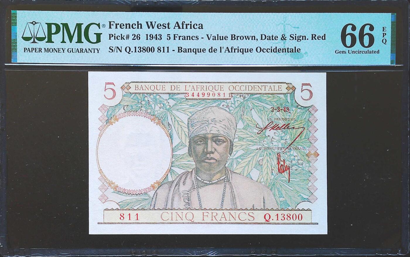 世界靓号纸钞第八十二期 1943年法属西非5法郎 PMG66