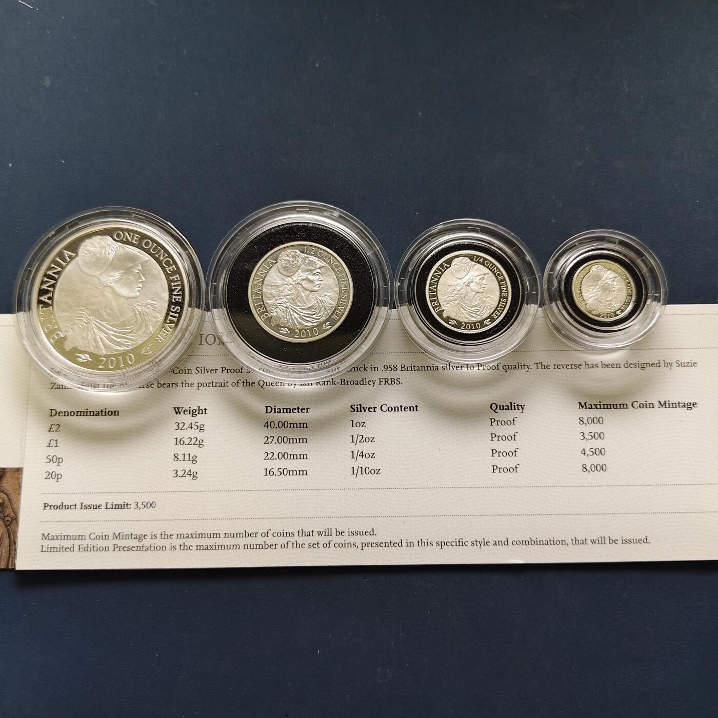 【全场包邮】纯粹捡漏拍503场 【少见】英国2010年不列颠尼亚女神精制4枚全银套币【40毫米32.45克92.5%+27毫米16.22克92.5%+22毫米8.31克92.5%+16.5毫米3.24克92.5%】-盒证全-量3500