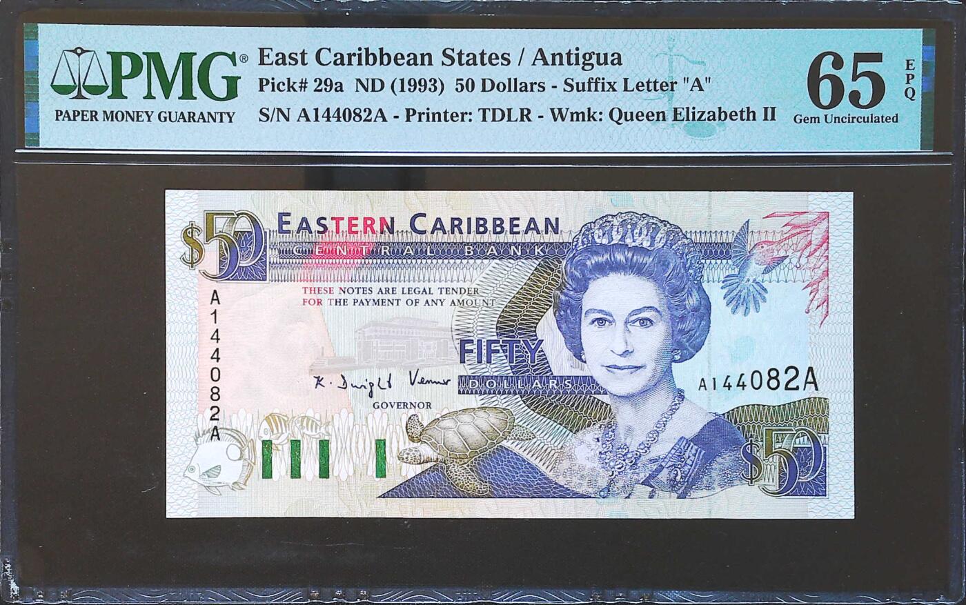 世界靓号纸钞第八十二期 1993年早期东加勒比5元 首发AA冠 PMG65 初版稀少 非常难找