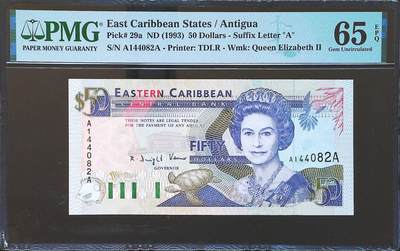 世界靓号纸钞第八十二期 - 1993年早期东加勒比5元 首发AA冠 PMG65 初版稀少 非常难找