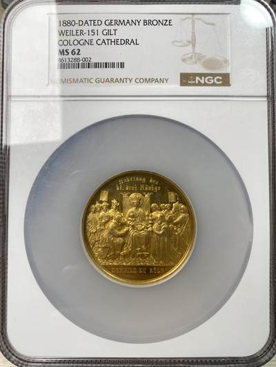 万国钱币拍卖第061期（马年首拍） NGC MS62 1880年德国圣城科隆大教堂竣工纪念镀金大铜章 黄金质感 世界最震撼大教堂之一 二战中德国少有的免于战火建筑  50MM大规格高浮雕极美