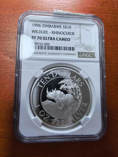 长老汇蛇年精选第一百场拍卖 - 1996 津巴布韦犀牛10元精制银币，NGC PF70UC，唯一冠军
