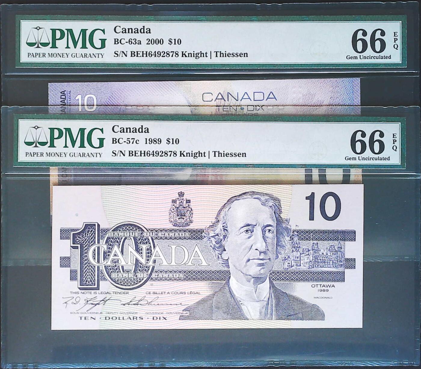 世界靓号纸钞第八十二期 1989-2000年加拿大10元两张 两张全同号 PMG66 分数也一样