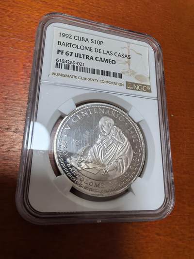 长老汇蛇年精选第一百场拍卖 - 1992 古巴天文学家波托洛梅奥和托斯卡内利10比索精制银币， 唯一亚军分，更高1枚，2050枚，国徽的花环采用1990年前的厚款式