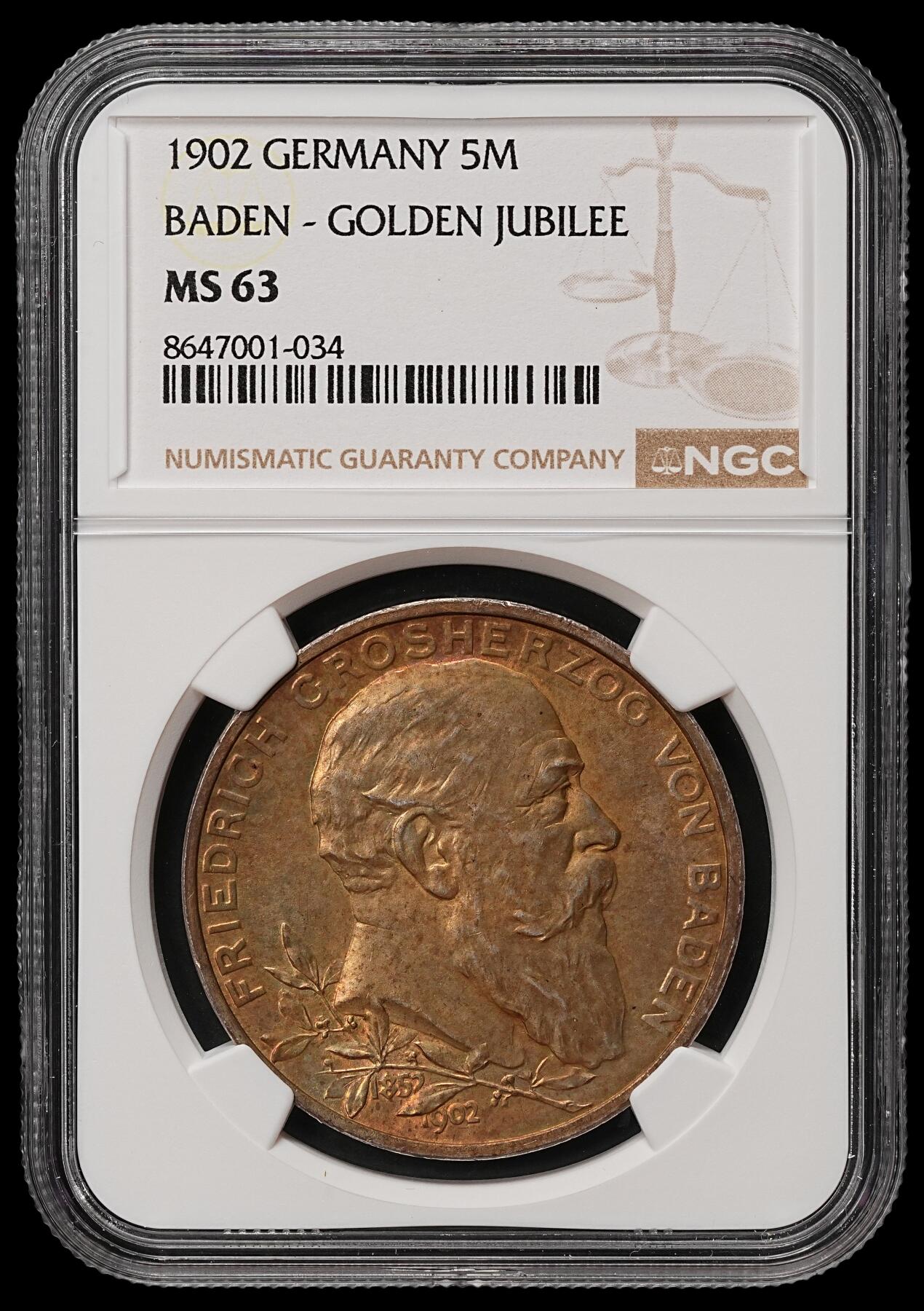 修遠堂世界钱币第105期，马年首拍 NGC MS63  1902年巴登大公国弗里德里希一世登基50周年5马克大银币，黄油彩