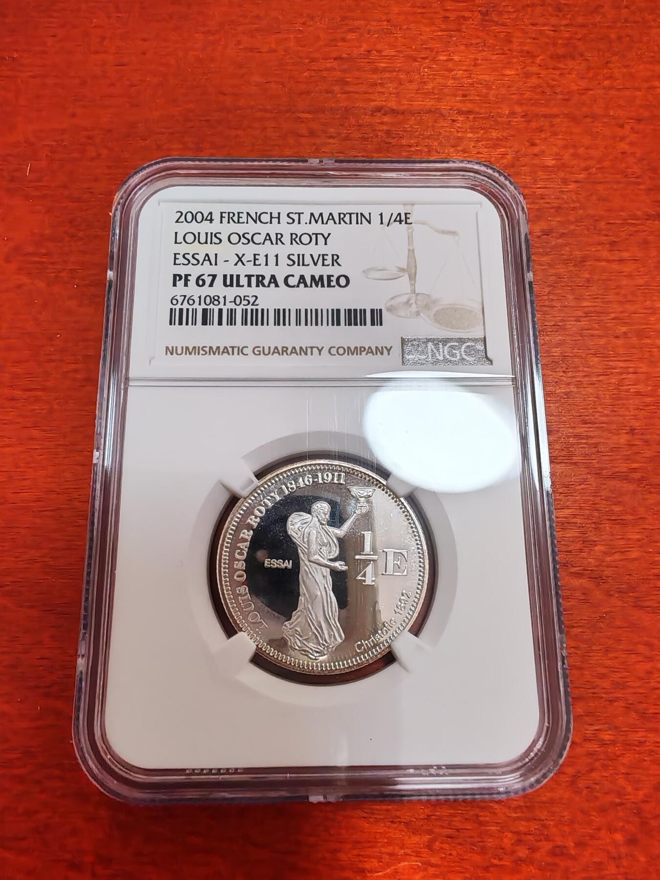 长老汇蛇年精选第一百场拍卖  样币！2004 法属圣马丁雕刻师罗缇1/4欧元精制银样币，NGC PF67UC，唯二冠军分，2000枚。NGC标错了，应该是法属圭亚那