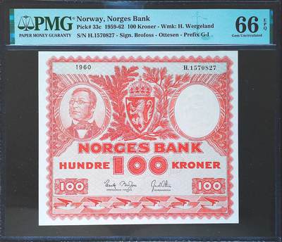 世界靓号纸钞第八十二期 - 1960年挪威100克朗 超级经典大方块 全程无4 PMG66 超高分 冠军分