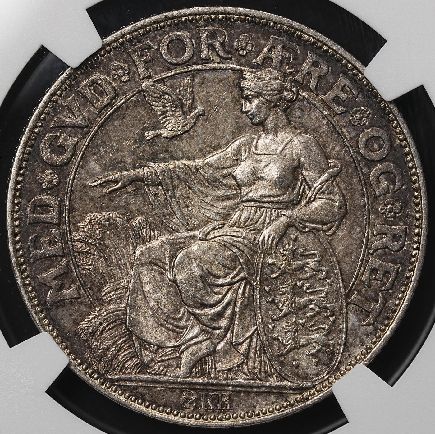 修遠堂世界钱币第105期，马年首拍 NGC MS63 1903年丹麦国王登基40周年纪念2克朗银币 15g，含银80%