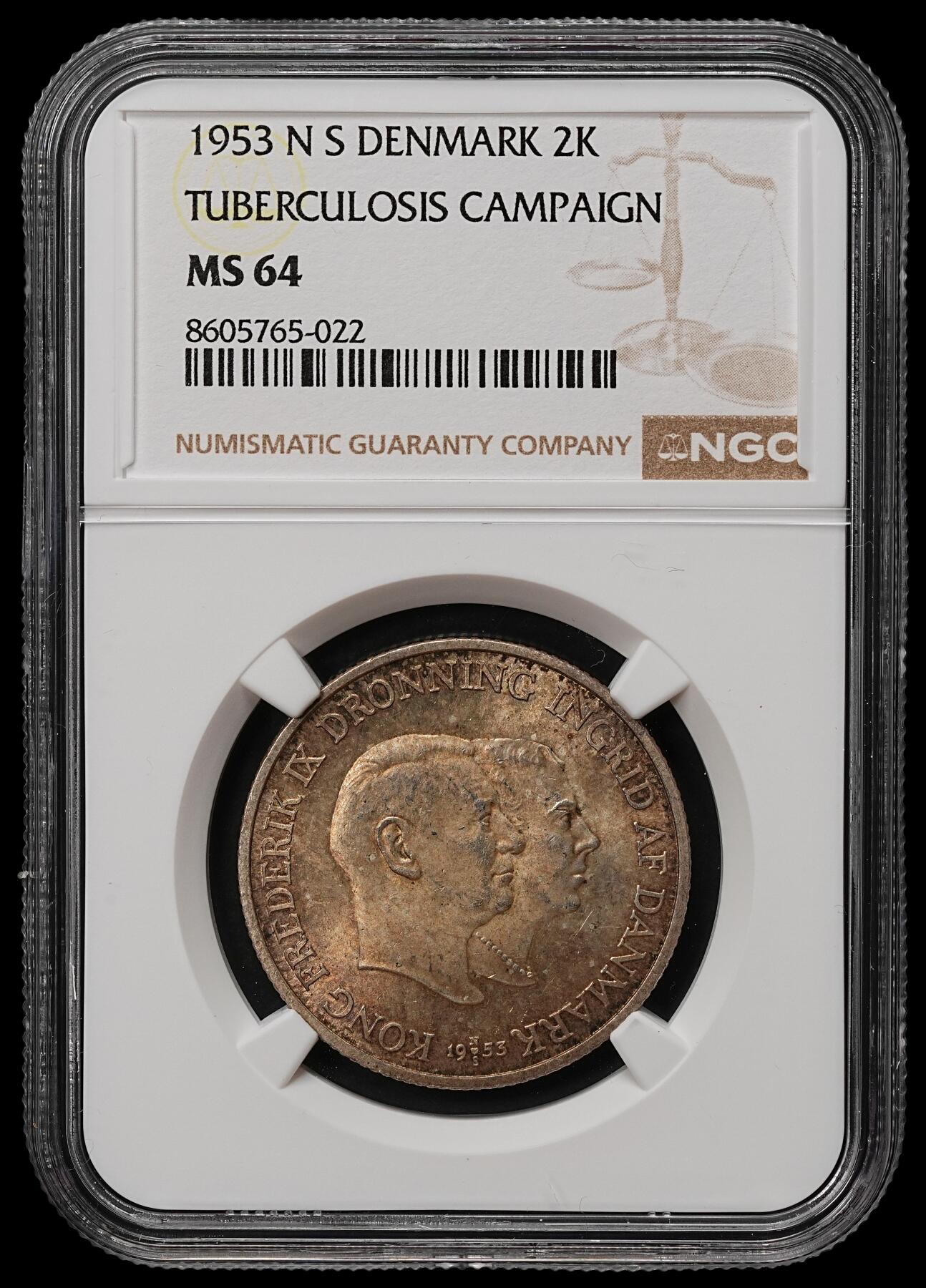 修遠堂世界钱币第105期，马年首拍 NGC MS64 1953年丹麦格林兰结核防治纪念2克朗银币 15g，含银80%