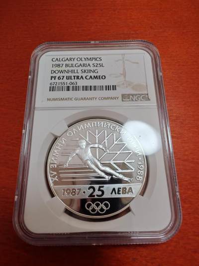 长老汇蛇年精选第一百场拍卖 - 1987 保加利亚卡尔加里冬奥会高山速降滑雪25列精制银币，NGC PF67UC