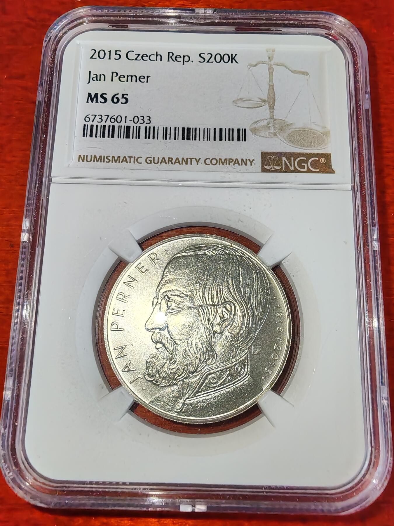 长老汇蛇年精选第一百场拍卖 2015 捷克铁路工程师扬·佩尔纳诞辰200周年200克朗银币，NGC MS65分，唯一冠军，普制比精制少，仅5500枚，冠军分基本2000元以上