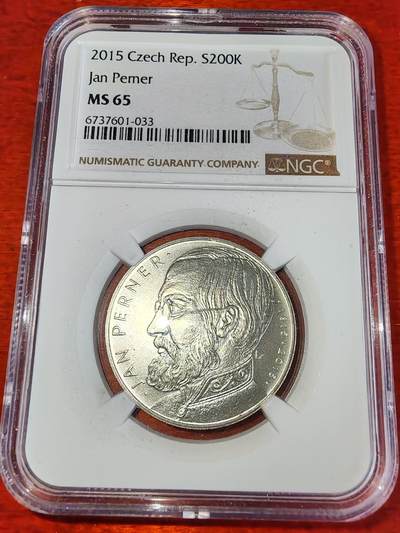 长老汇蛇年精选第一百场拍卖 - 2015 捷克铁路工程师扬·佩尔纳诞辰200周年200克朗银币，NGC MS65分，唯一冠军，普制比精制少，仅5500枚，冠军分基本2000元以上