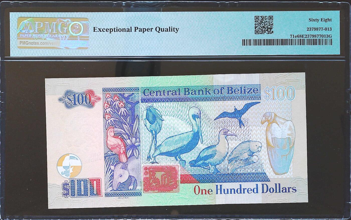 世界靓号纸钞第八十二期 2021年伯利兹100元 稀少DF冠 全程无3457 PMG68 超高分 冠军分